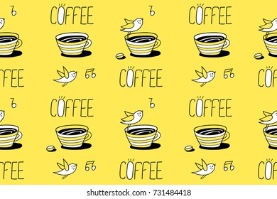 Hand drawn vector seamless pattern with coffee cup and funny singing little birds in cartoon style on yellow background. Perfect for wrapping paper, package, textile design.
