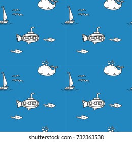 Hand drawn vector seamless pattern with sea animals. Contour, line art style drawing. Could be used as background, wrapping paper, wallpaper and textile ornament.
