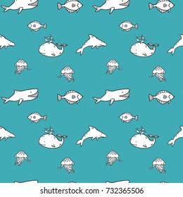 Hand drawn vector seamless pattern with sea animals. Contour, line art style drawing. Could be used as background, wrapping paper, wallpaper and textile ornament.
