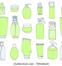 Hand drawn vector seamless pattern body care, cosmetic, beauty products in cartoon style. Green Soap bottle, containers and tubes for cream, lotion, shampoo, gel, balsam, conditioner, spray doodle.