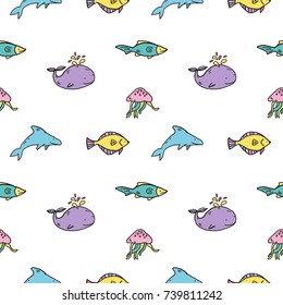 Hand drawn vector seamless pattern with undersea. Color, line art style drawing. Could be used as background, wrapping paper, wallpaper and textile ornament.