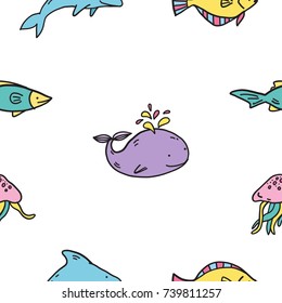 Hand drawn vector seamless pattern with undersea. Color, line art style drawing. Could be used as background, wrapping paper, wallpaper and textile ornament.