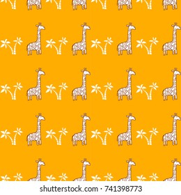 Hand drawn vector seamless pattern with giraffe. Color, line art style drawing. Could be used as background, wrapping paper, wallpaper and textile ornament.
