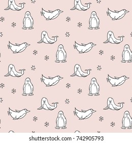 Hand drawn vector seamless pattern with a  penguin. Contour, line art style drawing. Could be used as background, wrapping paper, wallpaper and textile ornament.