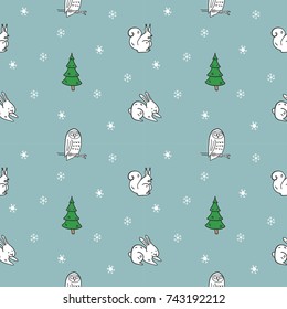 Hand drawn vector seamless pattern with winter and xmas animals. Contour, line art style drawing. Could be used as background, wrapping paper, wallpaper and textile ornament.
