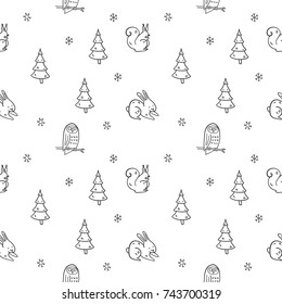 Hand drawn vector seamless pattern with winter and xmas animals. Contour, line art style drawing. Could be used as background, wrapping paper, wallpaper and textile ornament.
