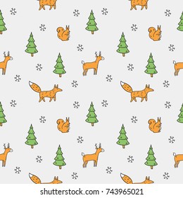 Hand drawn vector seamless pattern with winter and xmas animals. Contour, line art style drawing. Could be used as background, wrapping paper, wallpaper and textile ornament.