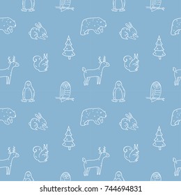 Hand drawn vector seamless pattern with winter and xmas animals. Contour, line art style drawing. Could be used as background, wrapping paper, wallpaper and textile ornament.
