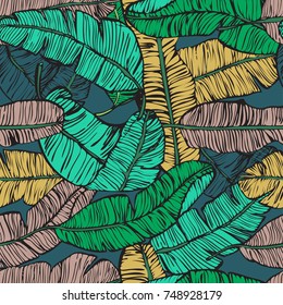 Hand drawn vector seamless pattern with banana tree leaves. Green colourful palm leaves background. Retro style. Textile print. Surface ornament.
