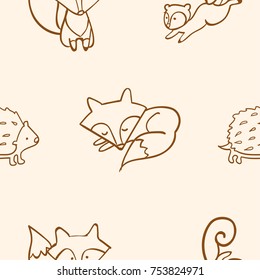 Hand drawn vector seamless pattern with forest animals. Contour,color, line art style drawing. Could be used as background, wrapping paper and textile ornament.