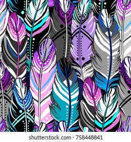 Hand drawn vector seamless pattern with painted bird feathers. Titled background. Black and white art for your design. Trendy boho style patterned elements, sketch, tribal template.