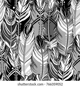 Hand drawn vector seamless pattern with painted bird feathers. Titled background. Black and white art for your design. Trendy boho style patterned elements, sketch, tribal template.