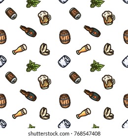 Hand drawn vector seamless pattern on a beer theme.