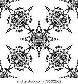 Hand drawn vector seamless pattern with Tribal mask ethnic. Sketch for your design, wallaper, textile, print. African culture. Fabric afro ornament. Coloful batik art. Black color on white background.