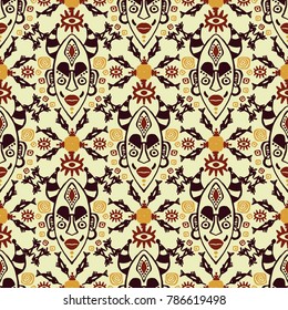 Hand drawn vector seamless pattern with Tribal mask ethnic. Sketch for your design, wallaper, textile, print. African culture. Fabric afro ornament. Coloful batik art. Brown colors.