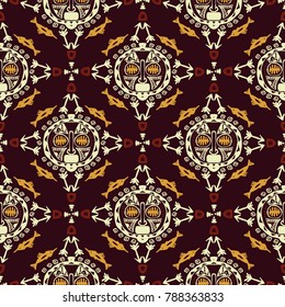 Hand drawn vector seamless pattern with Tribal mask ethnic. Sketch for your design, wallaper, textile, print. African culture. Fabric afro ornament. Coloful batik art. Brown colors dark background.