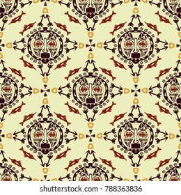 Hand drawn vector seamless pattern with Tribal mask ethnic. Sketch for your design, wallaper, textile, print. African culture. Fabric afro ornament. Coloful batik art. Brown colors.