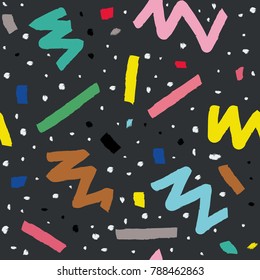 Hand drawn vector seamless pattern in memphis style with colorful stripes, zigzag and blobs on dark grey background for textile design, paper, branding