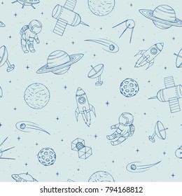 Hand drawn vector seamless pattern with cosmonauts, satelites, rockets, planets, moon, falling stars and UFO. Cosmic ornament on the light background.