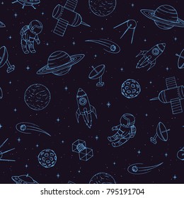 Hand drawn vector seamless pattern with cosmonauts, satelites, rockets, planets, moon, falling stars and UFO. Cosmic ornament on the dark background.