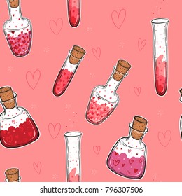 Hand drawn vector seamless pattern of glass bottles filled with love elixir isolated on pink background