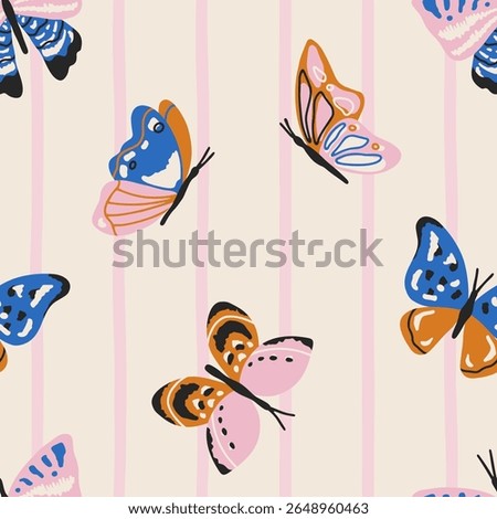 Hand drawn vector seamless pattern with whimsical butterflies in flat style. Cute charming background with butterfly for festive design, wallpaper and textile. Colorful vibrant illustration