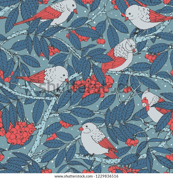 Hand drawn vector seamless pattern with birds,\
branches, leaves and rowanberry on blue dotted background. Snowy\
winter decoration ornament for fabric, textile, covers or wrapping\
paper.