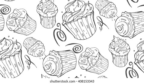 Hand drawn vector  Seamless pattern.Bakery pattern.Cakes pattern.Cooking illustration .Black and white.Seamless baked sweet food pattern.