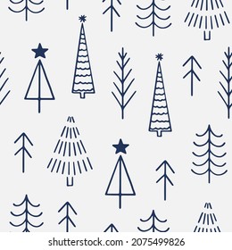 Hand drawn vector seamless patterns with winter forest. Line art pine trees illustration for Christmas and New Year. Festive endless background. Holiday pattern in flat style
