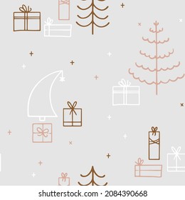 Hand drawn vector seamless patterns with winter forest. Line art pine trees illustration for Christmas and New Year. Festive endless background. Holiday pattern in flat style