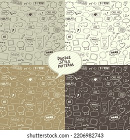 Hand drawn vector seamless patterns set with graphic sketch doodle comic style line elements and symbols, speech bubbles, frames, phrases, etc.  