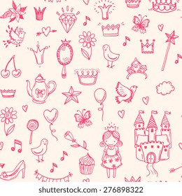 Hand drawn vector seamless princess pattern. 