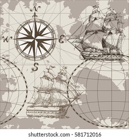 Hand drawn vector seamless sea map with compass and sailing ship. Perfect for textiles, wallpaper and prints.