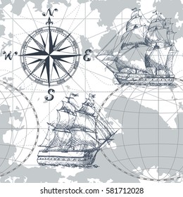 Hand drawn vector seamless sea map with compass and sailing ship. Perfect for textiles, wallpaper and prints.