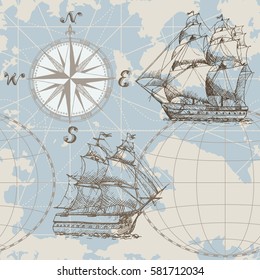 Hand drawn vector seamless sea map with compass and sailing ship. Perfect for textiles, wallpaper and prints.