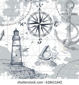 Hand drawn vector seamless sea map with compass, lighthouse, anchor and seashells. Perfect for textiles, wallpaper and prints.