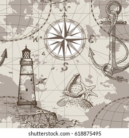 Hand drawn vector seamless sea map with compass, lighthouse, anchor and seashells. Perfect for textiles, wallpaper and prints.