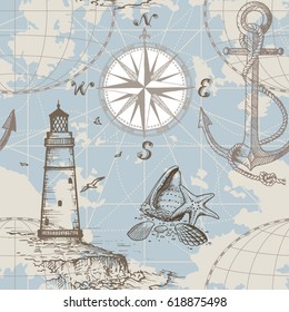 Hand drawn vector seamless sea map with compass, lighthouse, anchor and seashells. Perfect for textiles, wallpaper and prints.