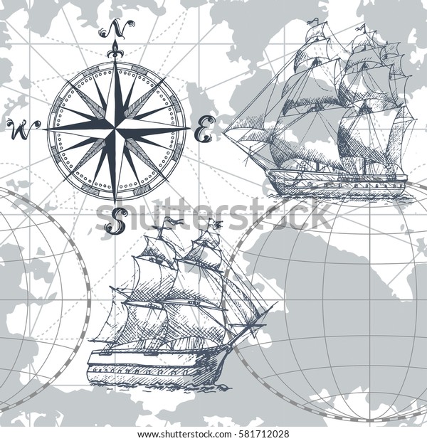 手描きのシームレスな海図とコンパスと帆船 織物 壁紙 印刷に最適 のベクター画像素材 ロイヤリティフリー