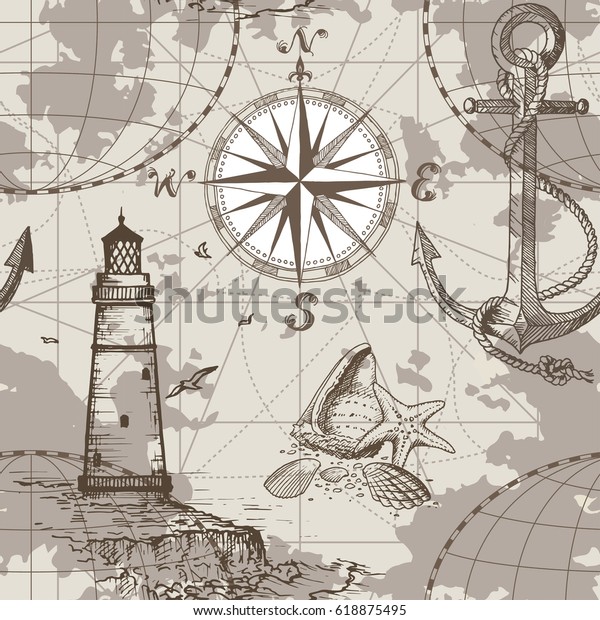 コンパス 灯台 アンカー 貝殻とシームレスな手描きの海図 織物