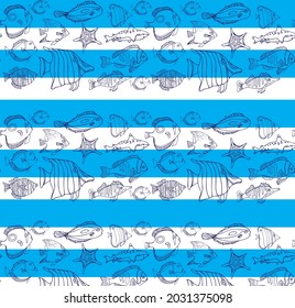Hand drawn vector seamless sptriped pattern with fish isolated on white background. Nautical life ornaments. 