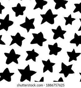 Hand drawn vector seamless star pattern. Black ink illustration. Starry black painted ornament. Monochrome abstract and polka dot vector texture. Pattern for wrapping paper, prints, web design