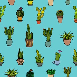 Hand drawn vector seamless succulent pattern with cute colourful plants and succulents on a turquoise background