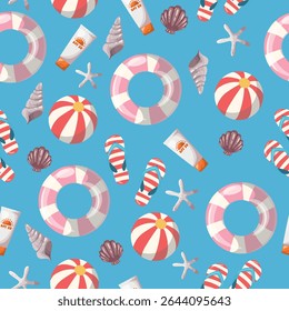 Hand drawn vector seamless summer pattern with beach elements and items. Ball, slippers, shells, swim ring and lotion in flat cartoon stylisation. Colorful background for print