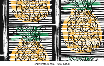 hand drawn vector seamless summer pineapple pattern.Textured with ink strokes.Illustration in white,black,yellow and green colors.Summer design for scrapbook, print on T-shirts and bags.