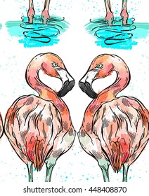 Hand drawn vector seamless summer textured pattern of pink mirror reflection flamingo,who stand in blue ocean waves.Paradise bird illustration.Tropical pattern.Pink flamingo on white background