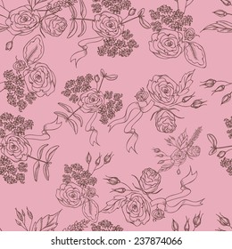 Hand drawn vector seamless tender pattern with different flower compositions, roses and ribbons. Floral line art on the pink background