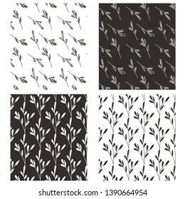Hand drawn vector seamless texture with flowers in black and white. Set of four tender b&w endless pattern with floral doodle  elements;