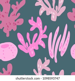 Hand drawn vector seamless tile pattern of cute corals, seashells. Simple sweet kids nursery art Scandinavian style. Graphic design for apparel.