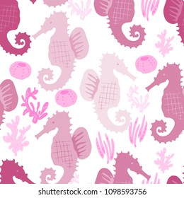 Hand drawn vector seamless tile pattern of cute corals, seashells, seahorse. Isolated on white. Simple sweet kids nursery art Scandinavian style. Graphic design for apparel.